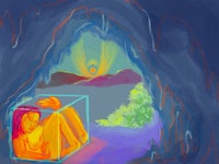 a painting of a woman sleeping in a box in a cave